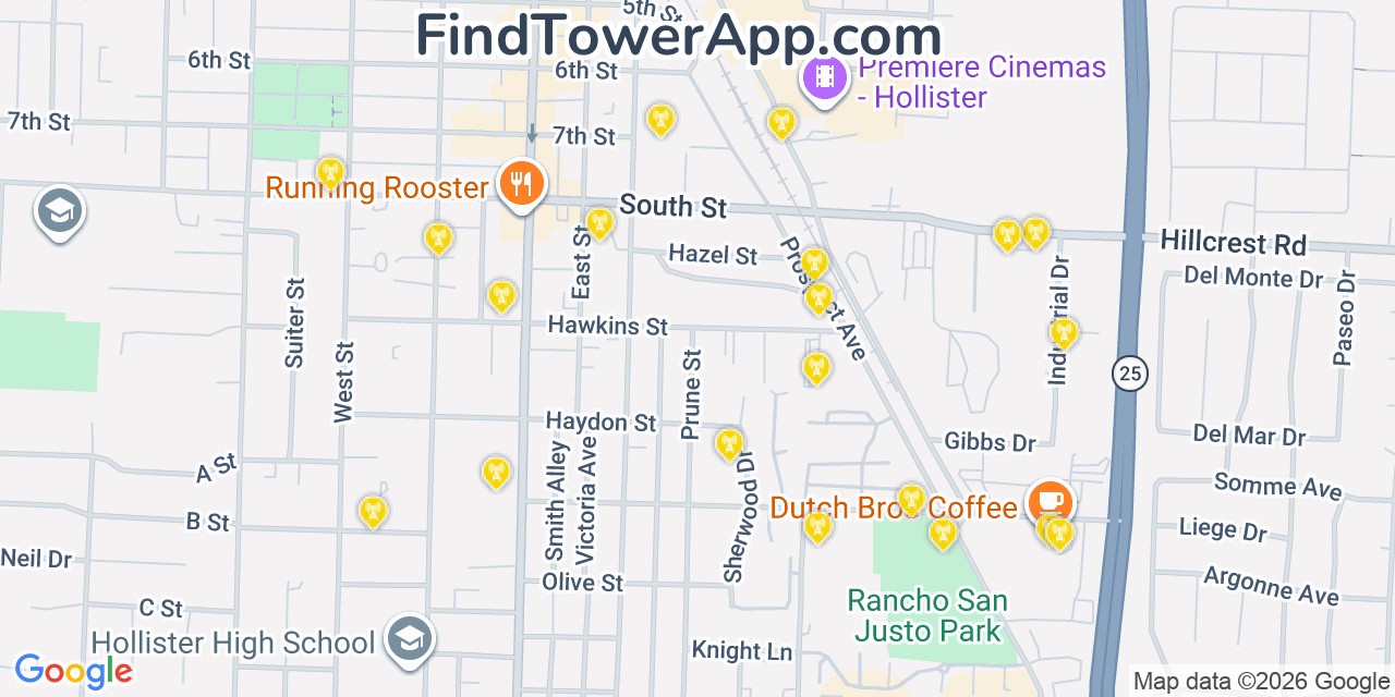 Map showing the 20 primary cell tower locations detected in Hollister, California from AT&T, Verizon, and T-Mobile networks