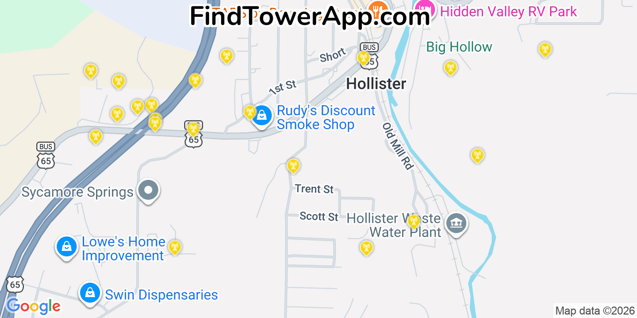 Map showing the 20 primary cell tower locations detected in Hollister, Missouri from AT&T, Verizon, and T-Mobile networks