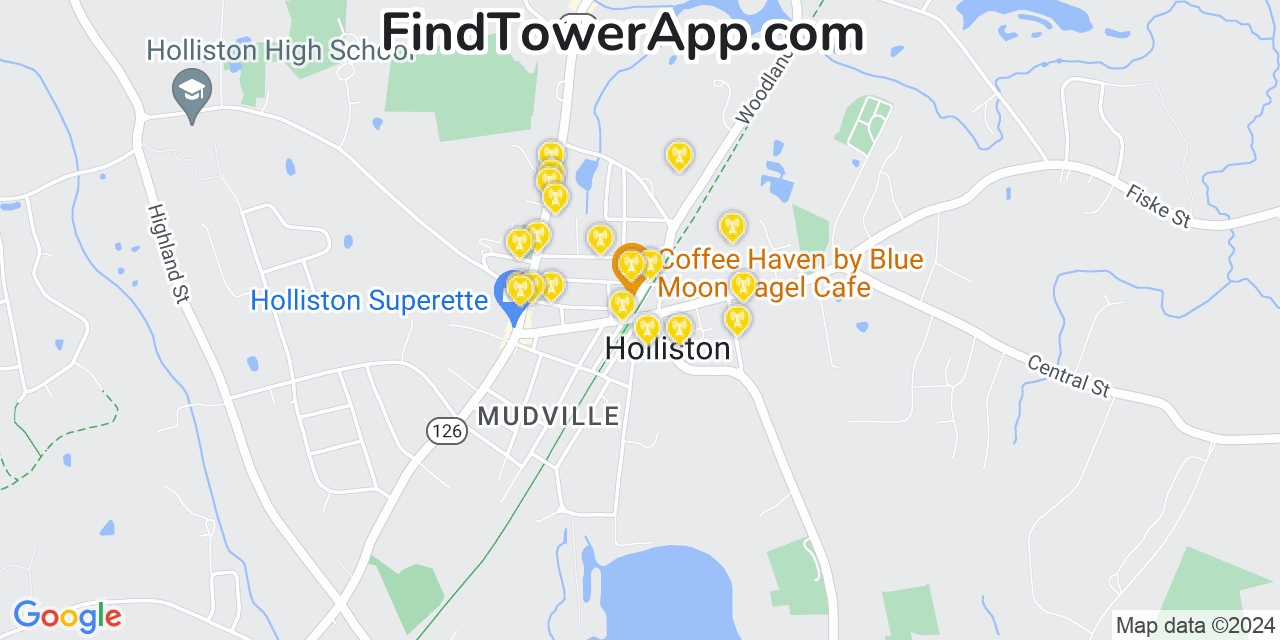 AT&T 4G/5G cell tower coverage map Holliston, Massachusetts