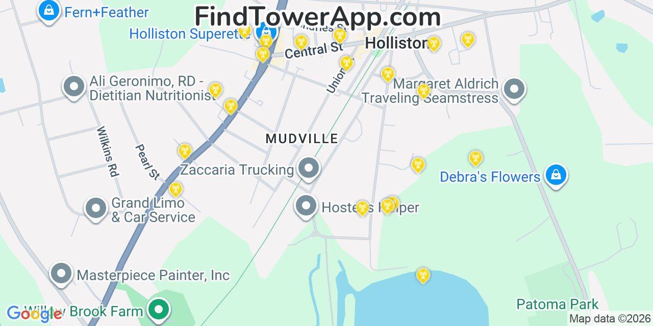Map showing the 20 primary cell tower locations detected in Holliston, Massachusetts from AT&T, Verizon, and T-Mobile networks