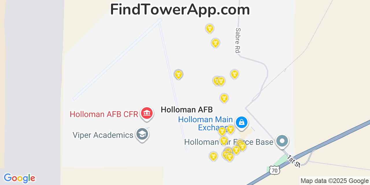 Map showing the 20 primary cell tower locations detected in Holloman Air Force Base, New Mexico from AT&T, Verizon, and T-Mobile networks