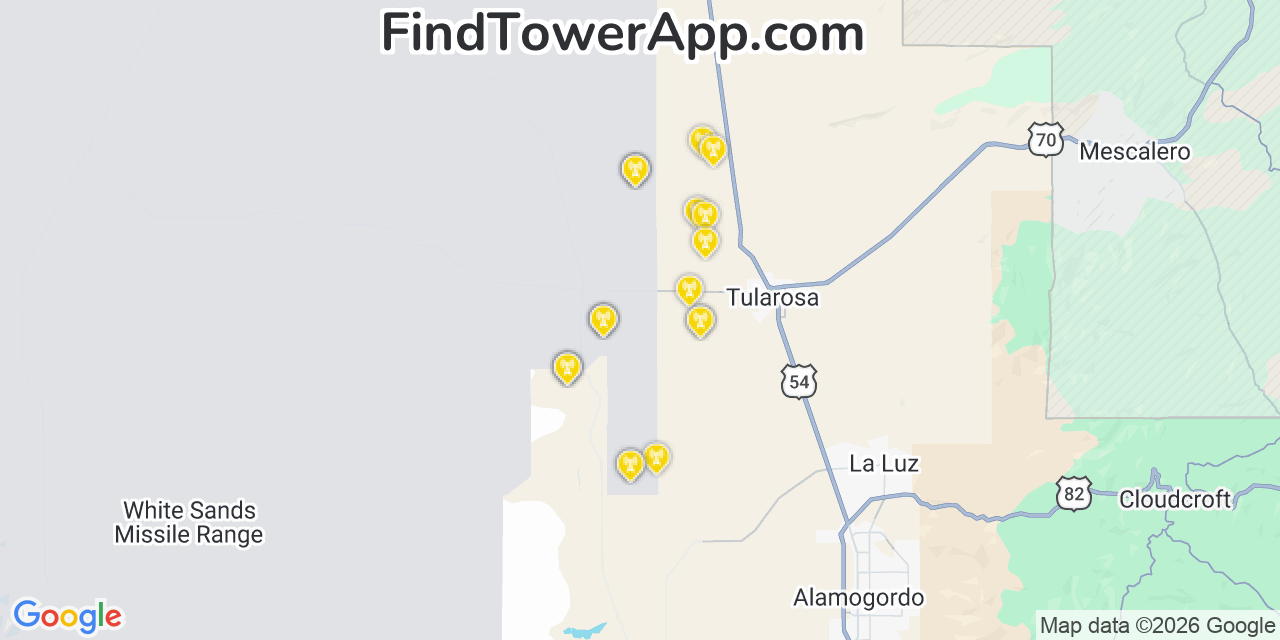 Map showing the 20 primary cell tower locations detected in Holloman Air Force Base, New Mexico from AT&T, Verizon, and T-Mobile networks