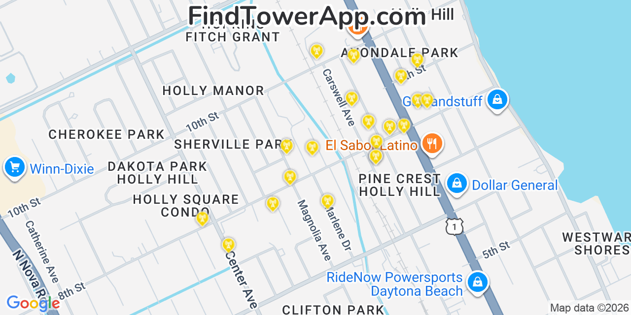 Map showing the 20 primary cell tower locations detected in Holly Hill, Florida from AT&T, Verizon, and T-Mobile networks