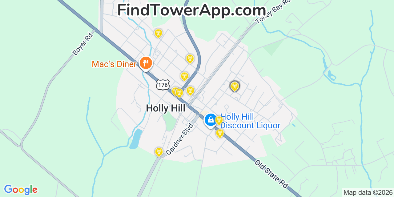 Map showing the 20 primary cell tower locations detected in Holly Hill, South Carolina from AT&T, Verizon, and T-Mobile networks