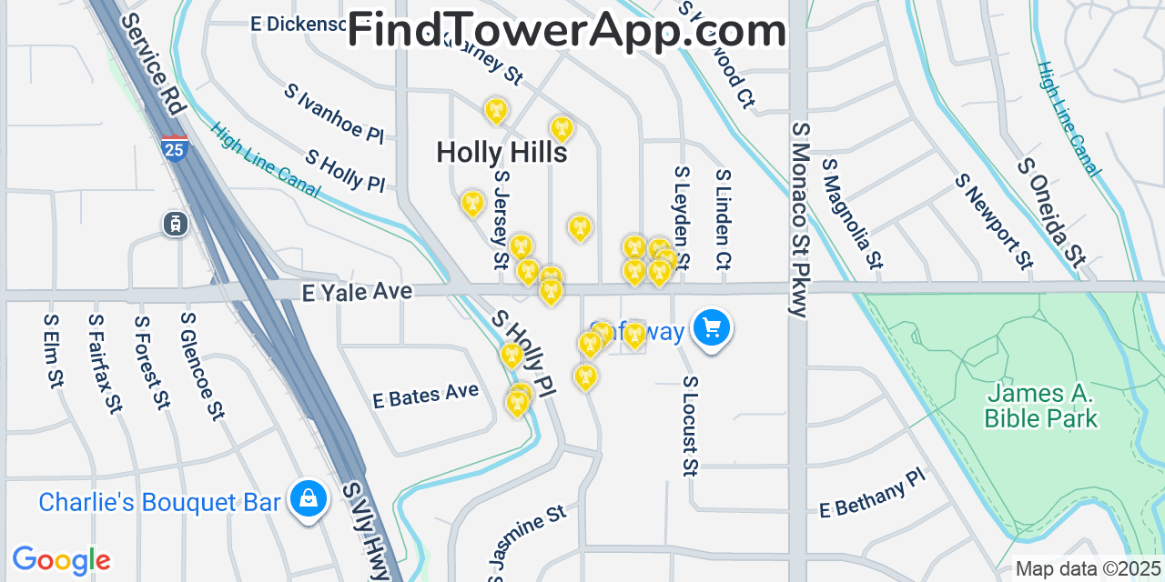 Map showing the 20 primary cell tower locations detected in Holly Hills, Colorado from AT&T, Verizon, and T-Mobile networks