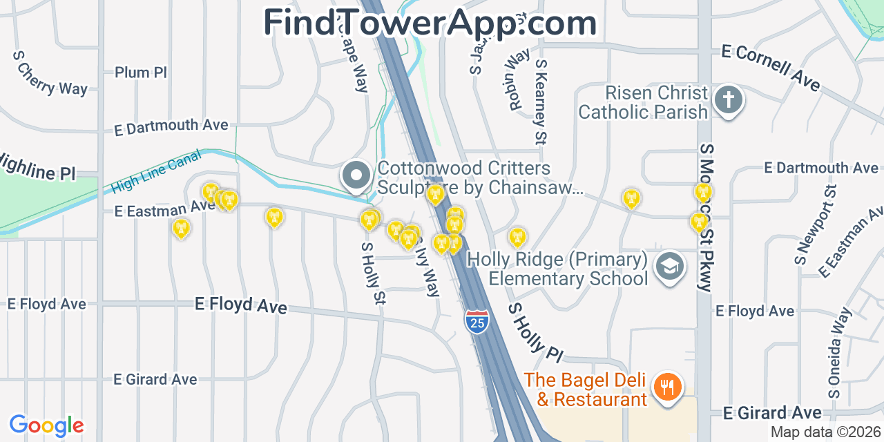 Map showing the 20 primary cell tower locations detected in Holly Hills, Colorado from AT&T, Verizon, and T-Mobile networks