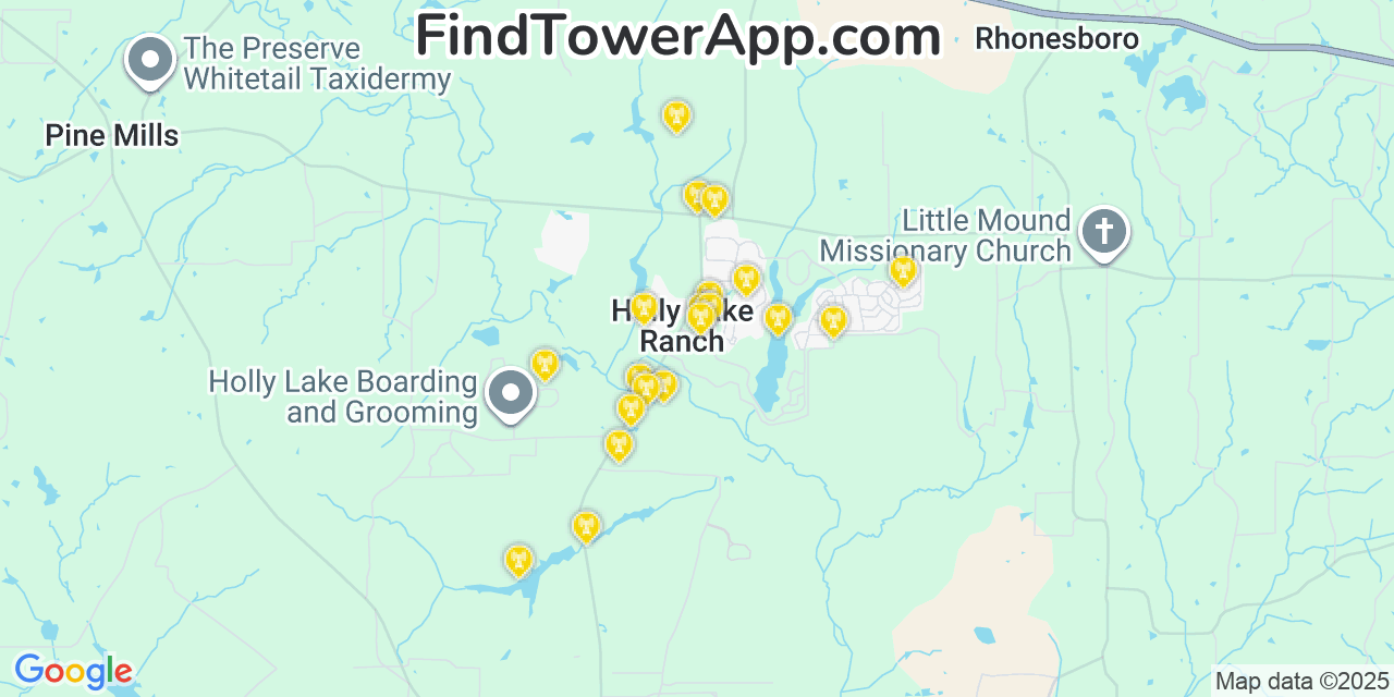 Map showing the 20 primary cell tower locations detected in Holly Lake Ranch, Texas from AT&T, Verizon, and T-Mobile networks