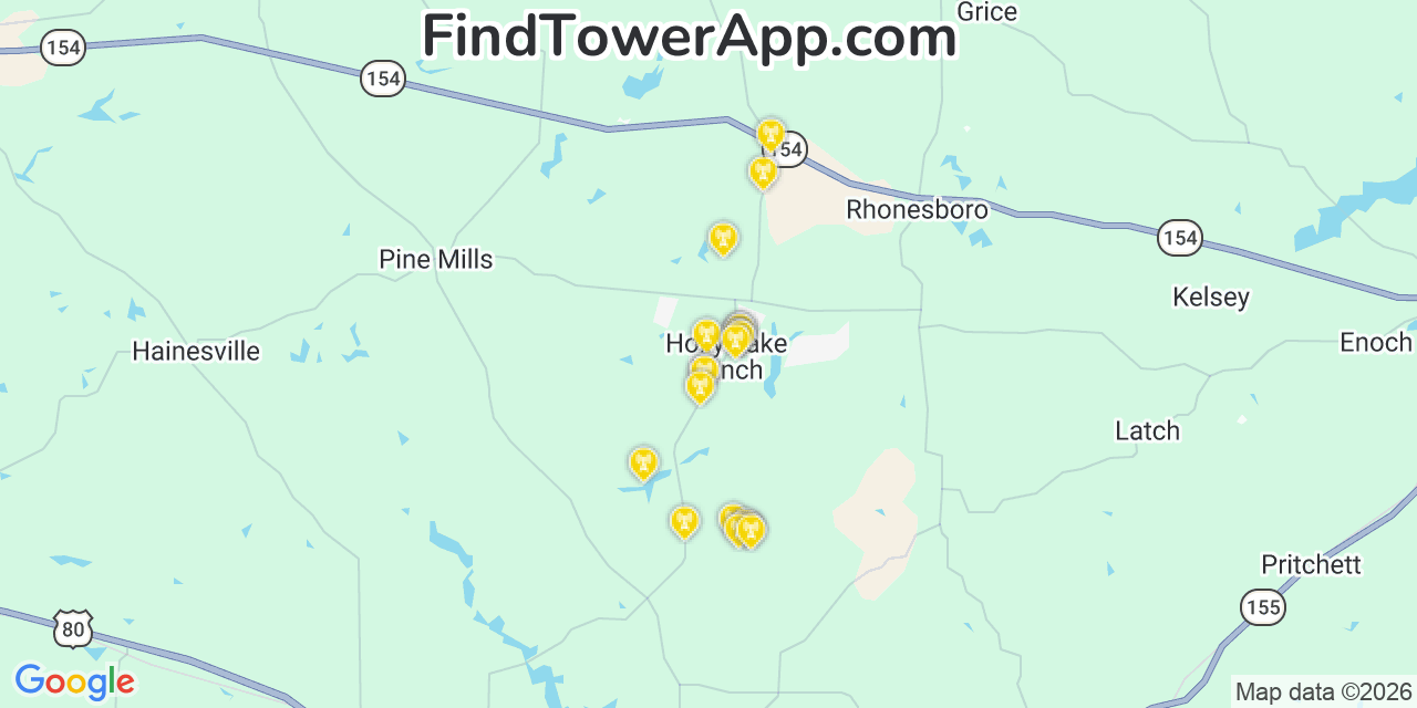 Map showing the 20 primary cell tower locations detected in Holly Lake Ranch, Texas from AT&T, Verizon, and T-Mobile networks