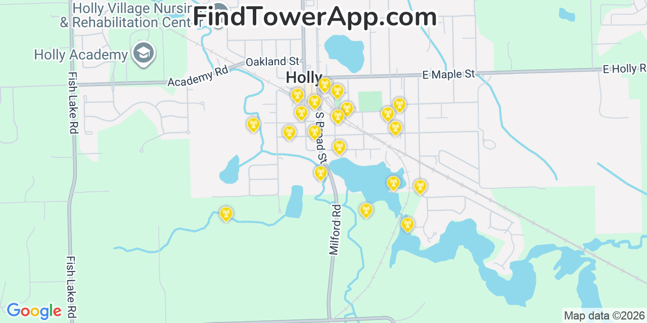 Map showing the 20 primary cell tower locations detected in Holly, Michigan from AT&T, Verizon, and T-Mobile networks