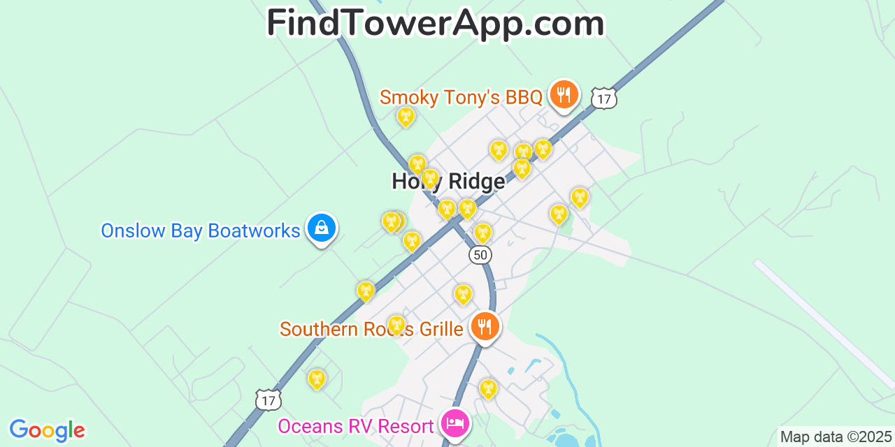 Map showing the 20 primary cell tower locations detected in Holly Ridge, North Carolina from AT&T, Verizon, and T-Mobile networks