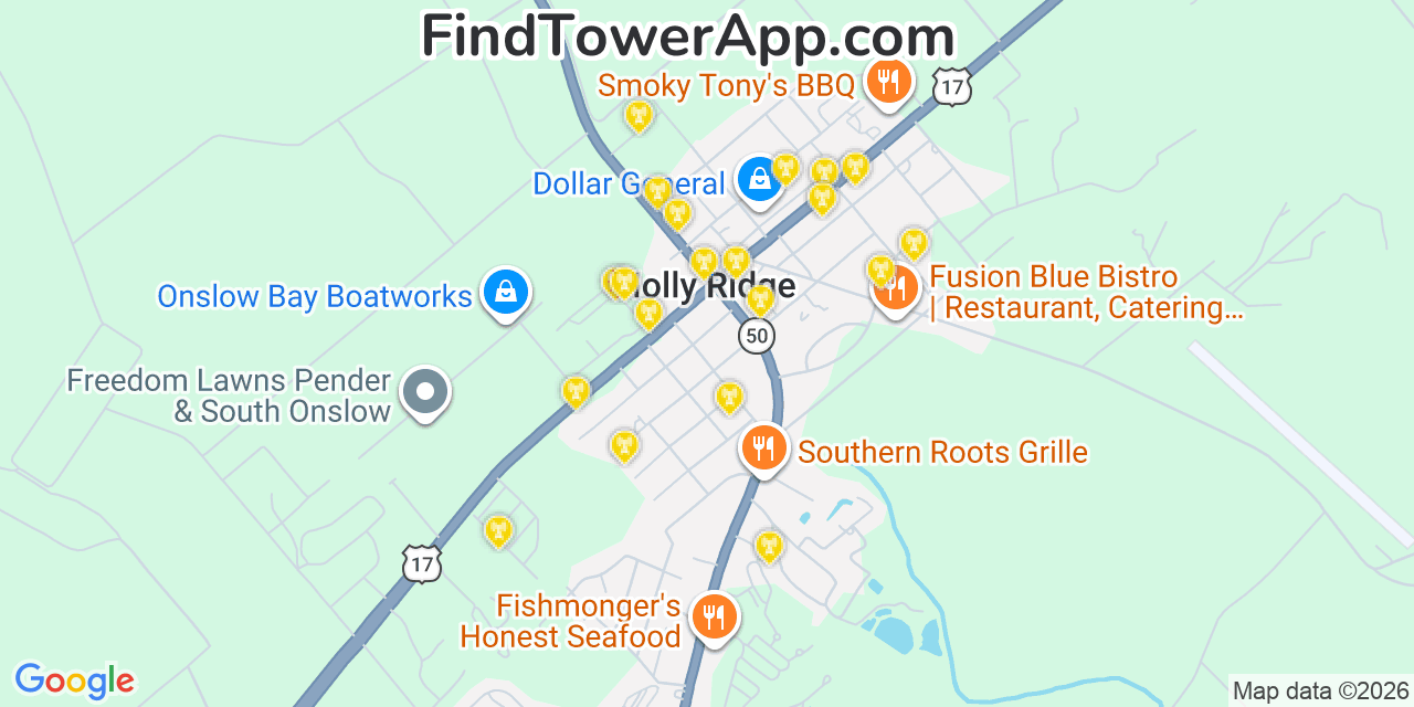 Map showing the 20 primary cell tower locations detected in Holly Ridge, North Carolina from AT&T, Verizon, and T-Mobile networks