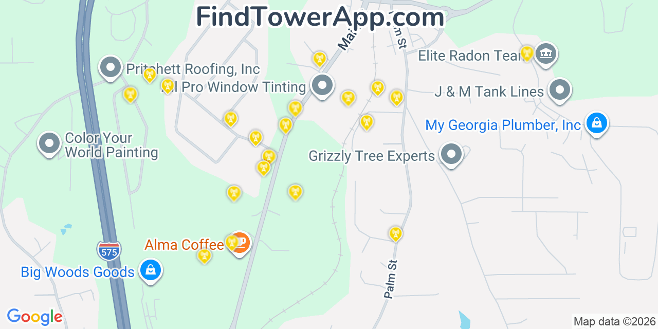 Map showing the 20 primary cell tower locations detected in Holly Springs, Georgia from AT&T, Verizon, and T-Mobile networks