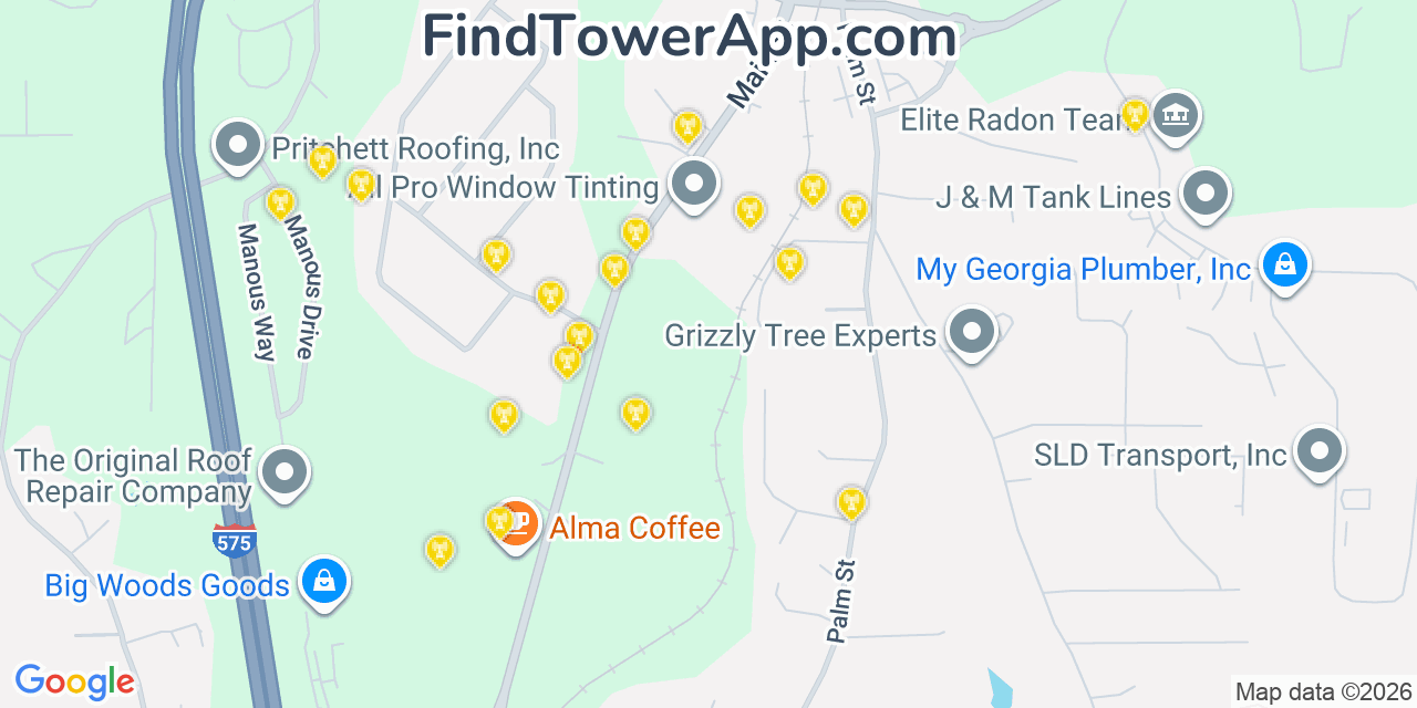 Map showing the 20 primary Mobitel cell tower locations detected in Holly Springs, Georgia with coverage radius and signal strength indicators