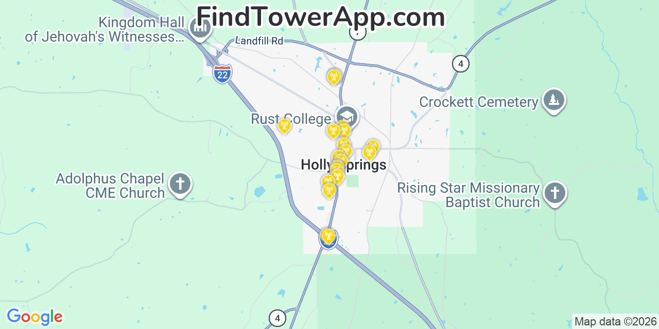Map showing the 20 primary cell tower locations detected in Holly Springs, Mississippi from AT&T, Verizon, and T-Mobile networks