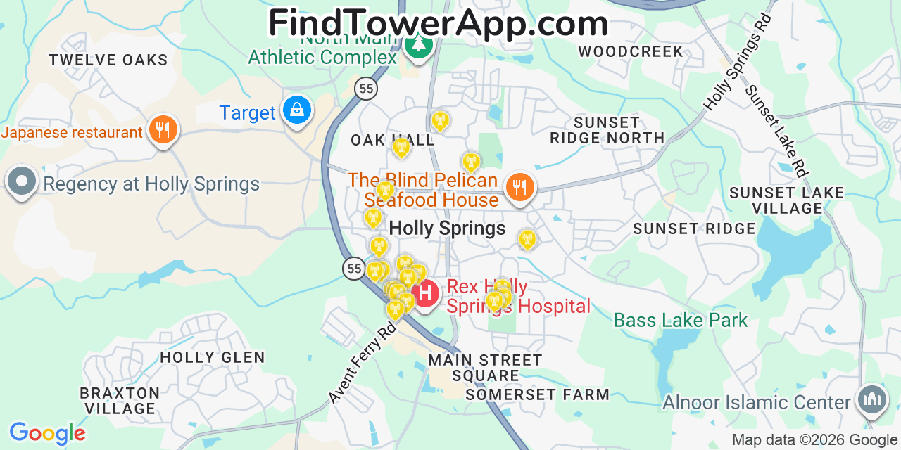 Map showing the 20 primary cell tower locations detected in Holly Springs, North Carolina from AT&T, Verizon, and T-Mobile networks