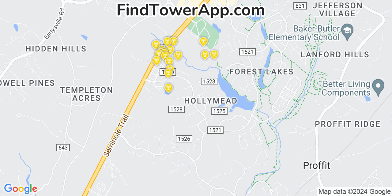 AT&T 4G/5G cell tower coverage map Hollymead, Virginia