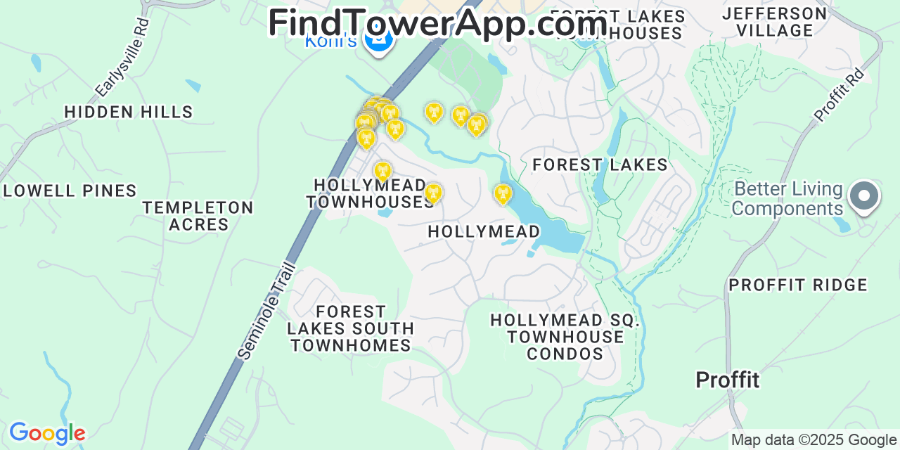 Map showing the 20 primary cell tower locations detected in Hollymead, Virginia from AT&T, Verizon, and T-Mobile networks