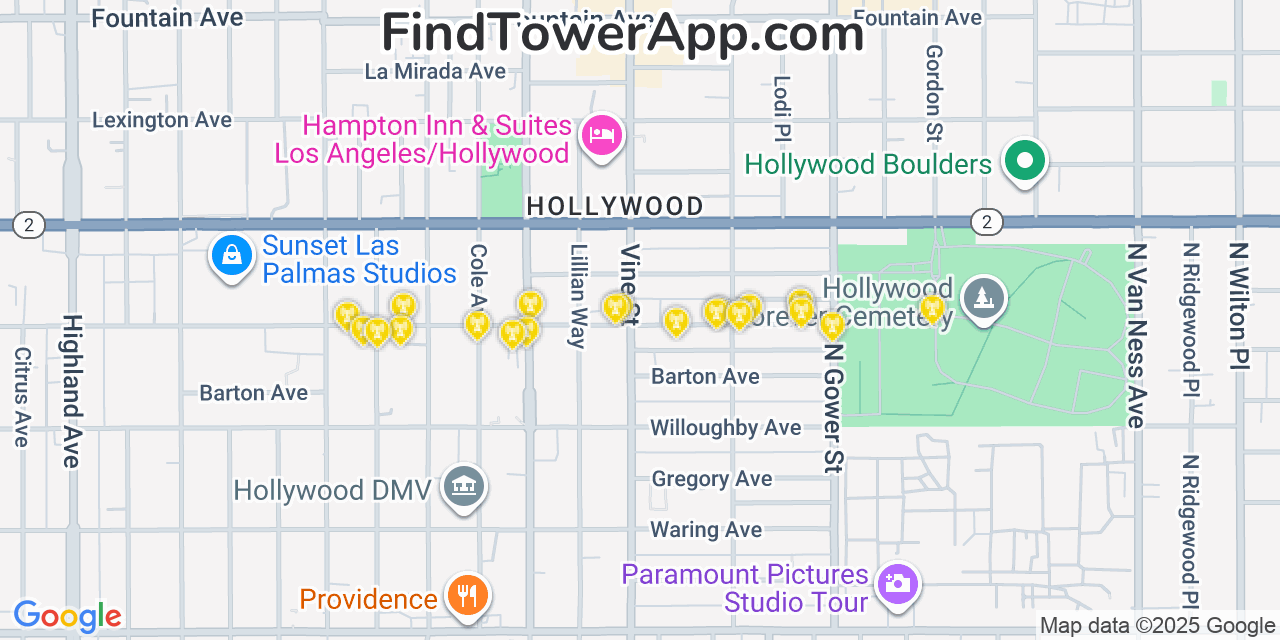 Map showing the 20 primary cell tower locations detected in Hollywood, California from AT&T, Verizon, and T-Mobile networks