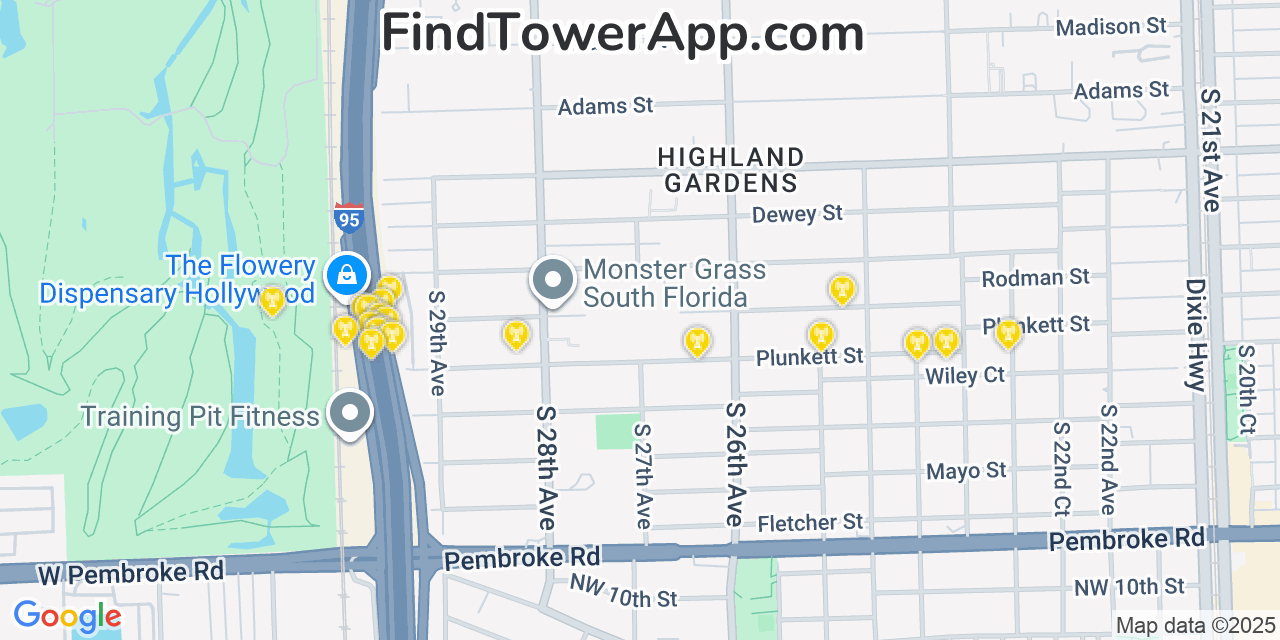 Map showing the 20 primary cell tower locations detected in Hollywood, Florida from AT&T, Verizon, and T-Mobile networks