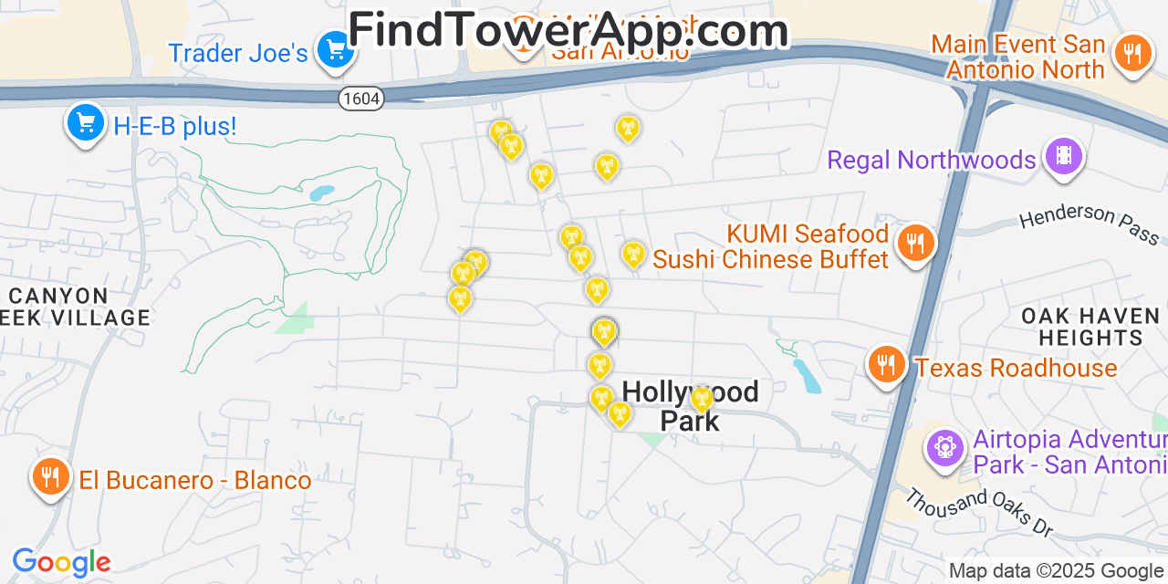 Map showing the 20 primary cell tower locations detected in Hollywood Park, Texas from AT&T, Verizon, and T-Mobile networks