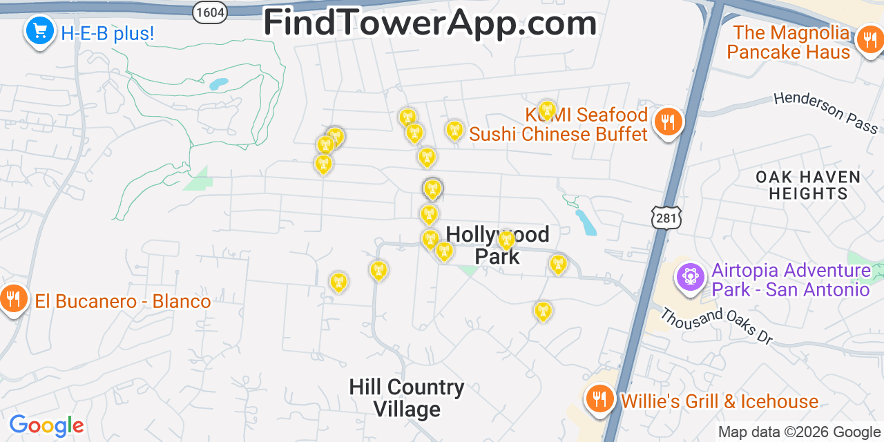Map showing the 20 primary cell tower locations detected in Hollywood Park, Texas from AT&T, Verizon, and T-Mobile networks