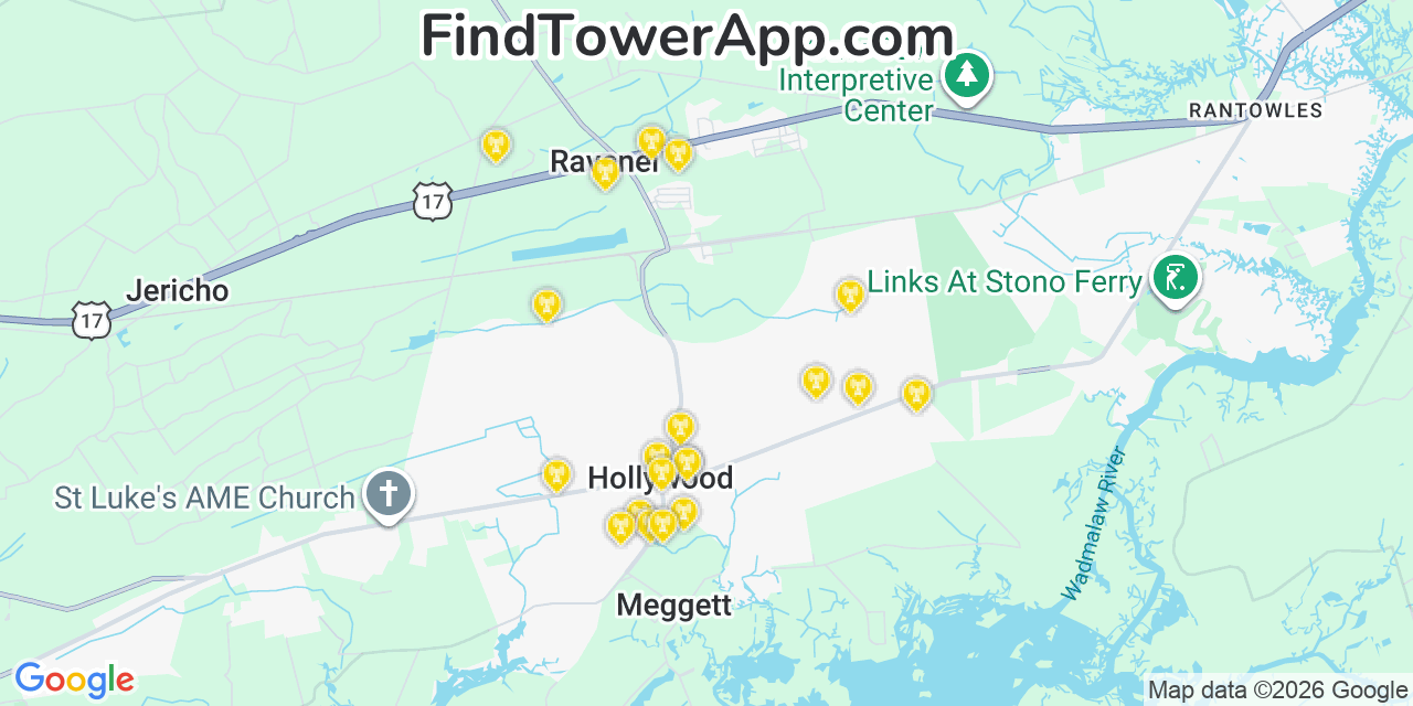 Map showing the 20 primary cell tower locations detected in Hollywood, South Carolina from AT&T, Verizon, and T-Mobile networks