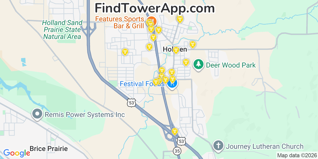 Map showing the 20 primary cell tower locations detected in Holmen, Wisconsin from AT&T, Verizon, and T-Mobile networks