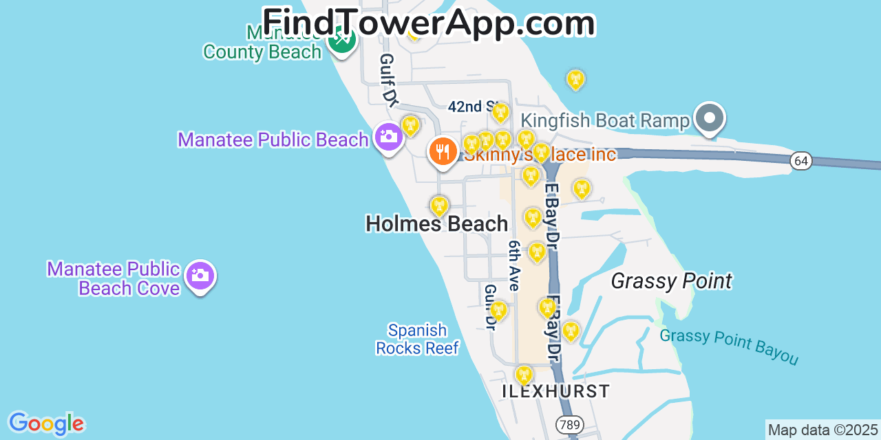 Map showing the 20 primary cell tower locations detected in Holmes Beach, Florida from AT&T, Verizon, and T-Mobile networks
