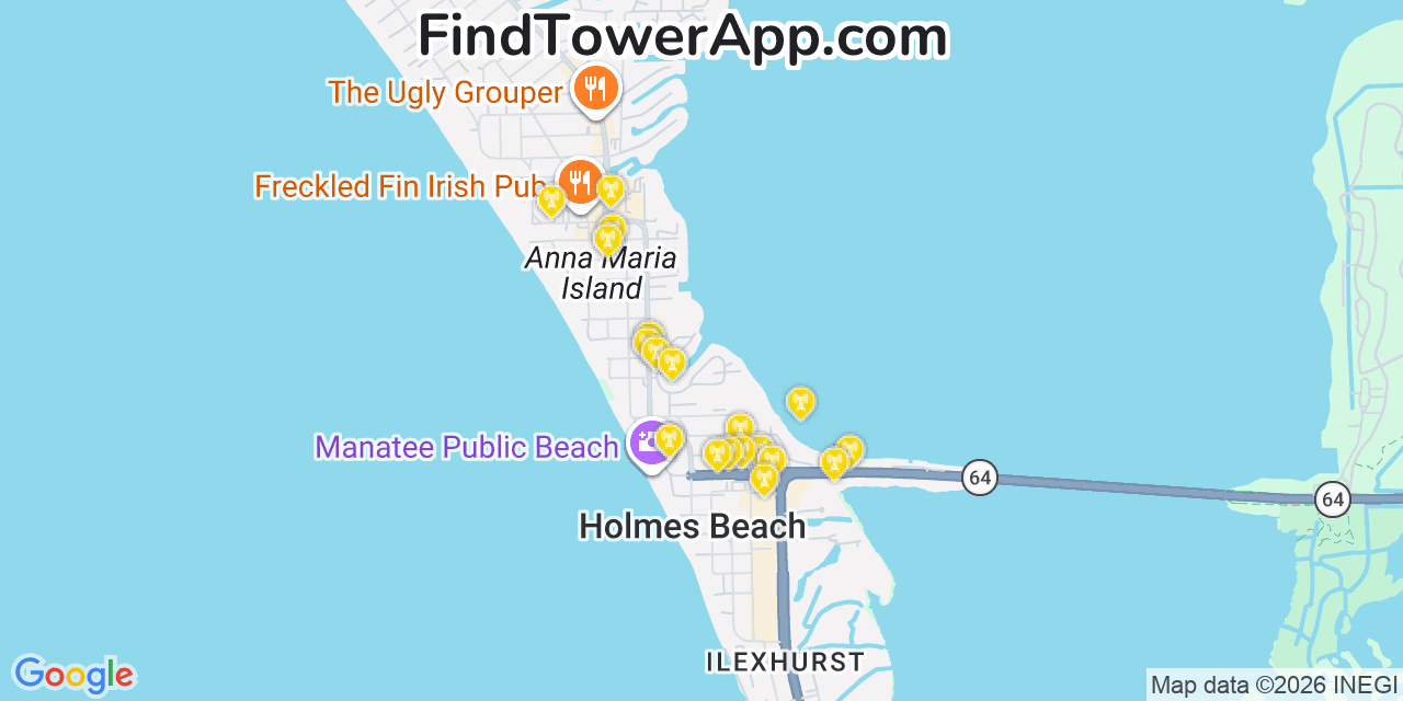 Map showing the 20 primary cell tower locations detected in Holmes Beach, Florida from AT&T, Verizon, and T-Mobile networks
