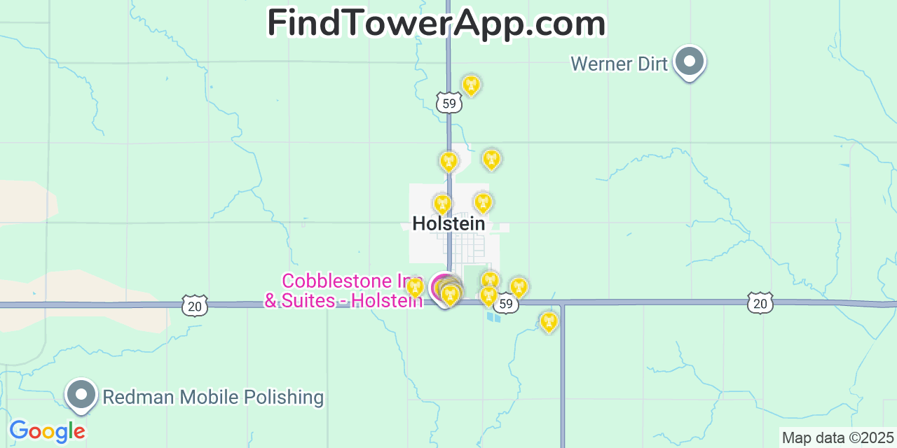 Map showing the 20 primary cell tower locations detected in Holstein, Iowa from AT&T, Verizon, and T-Mobile networks