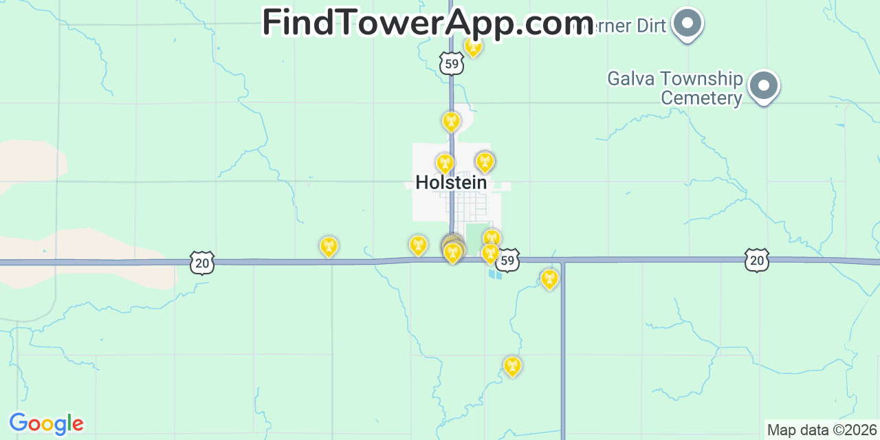 Map showing the 20 primary cell tower locations detected in Holstein, Iowa from AT&T, Verizon, and T-Mobile networks