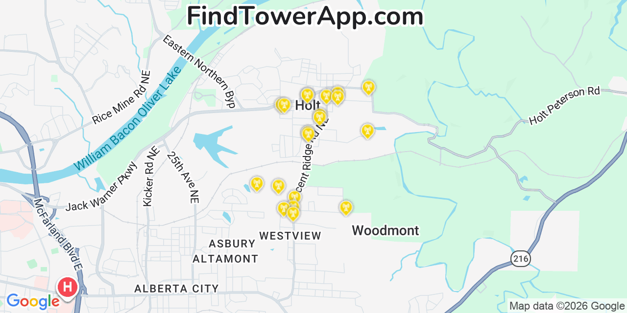 Map showing the 20 primary cell tower locations detected in Holt, Alabama from AT&T, Verizon, and T-Mobile networks