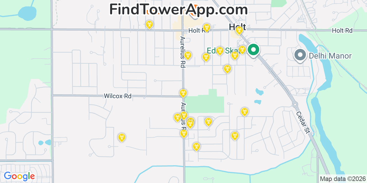 Map showing the 20 primary cell tower locations detected in Holt, Michigan from AT&T, Verizon, and T-Mobile networks