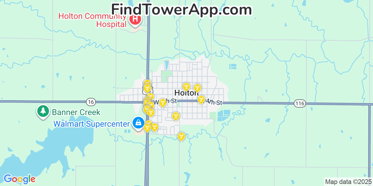 Map showing the 20 primary cell tower locations detected in Holton, Kansas from AT&T, Verizon, and T-Mobile networks