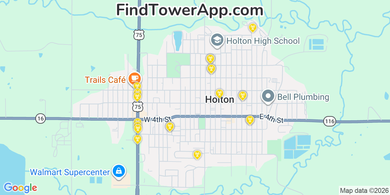 Map showing the 20 primary cell tower locations detected in Holton, Kansas from AT&T, Verizon, and T-Mobile networks