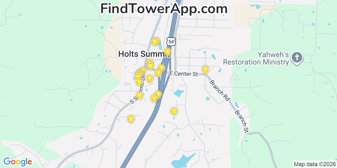 Map showing the 20 primary cell tower locations detected in Holts Summit, Missouri from AT&T, Verizon, and T-Mobile networks