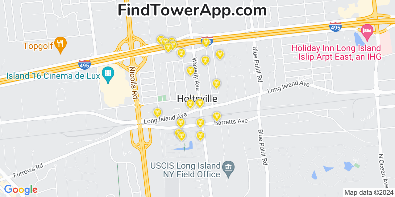 AT&T 4G/5G cell tower coverage map Holtsville, New York