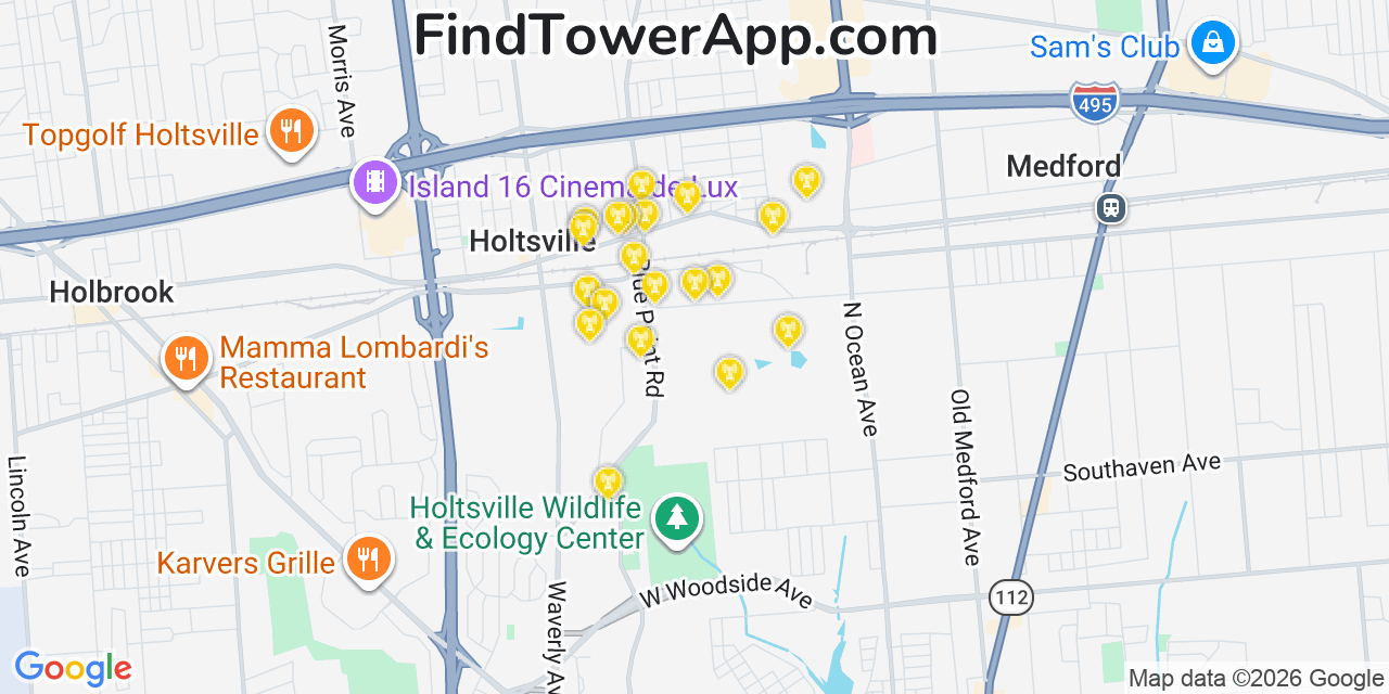 Map showing the 20 primary cell tower locations detected in Holtsville, New York from AT&T, Verizon, and T-Mobile networks