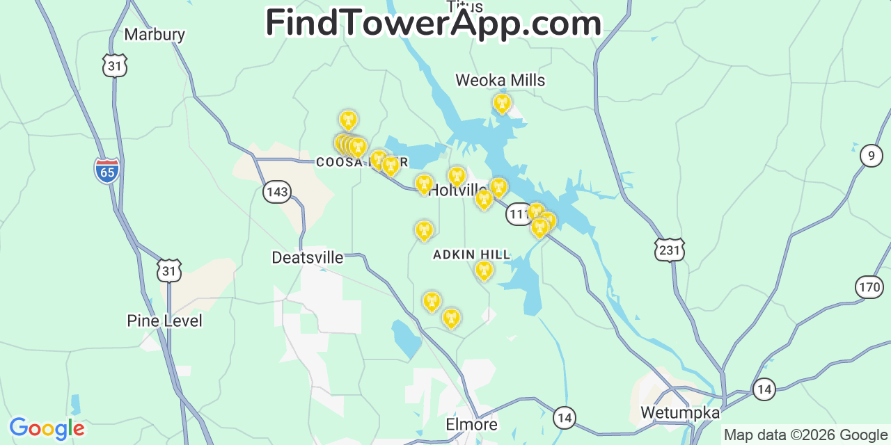 Map showing the 20 primary cell tower locations detected in Holtville, Alabama from AT&T, Verizon, and T-Mobile networks