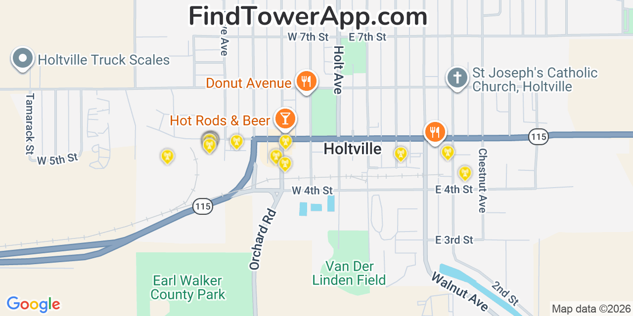 Map showing the 20 primary cell tower locations detected in Holtville, California from AT&T, Verizon, and T-Mobile networks