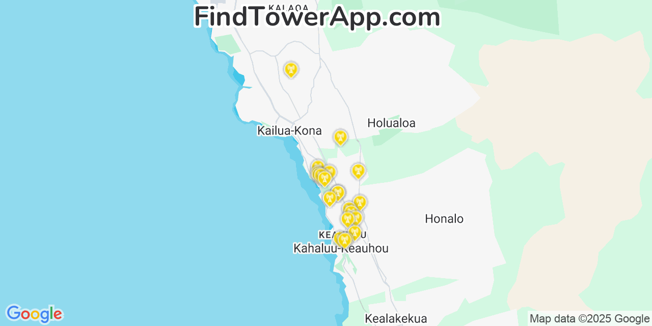 Map showing the 21 primary AT&T cell tower locations detected in Hōlualoa, Hawaii with coverage radius and signal strength indicators