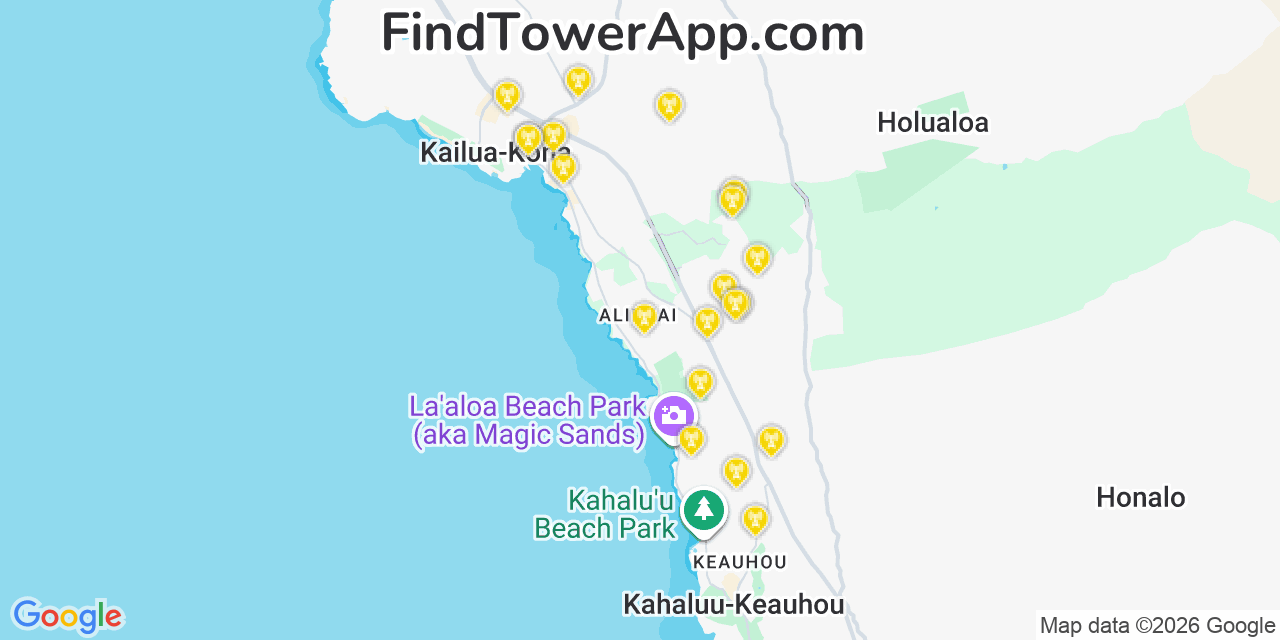 Map showing the 20 primary cell tower locations detected in Hōlualoa, Hawaii from AT&T, Verizon, and T-Mobile networks