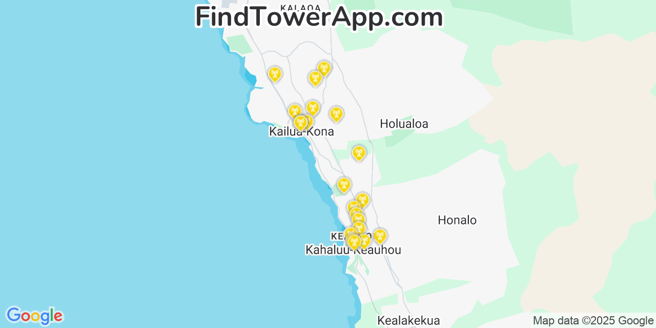 Map showing the 21 primary T-Mobile cell tower locations detected in Hōlualoa, Hawaii with coverage radius and signal strength indicators