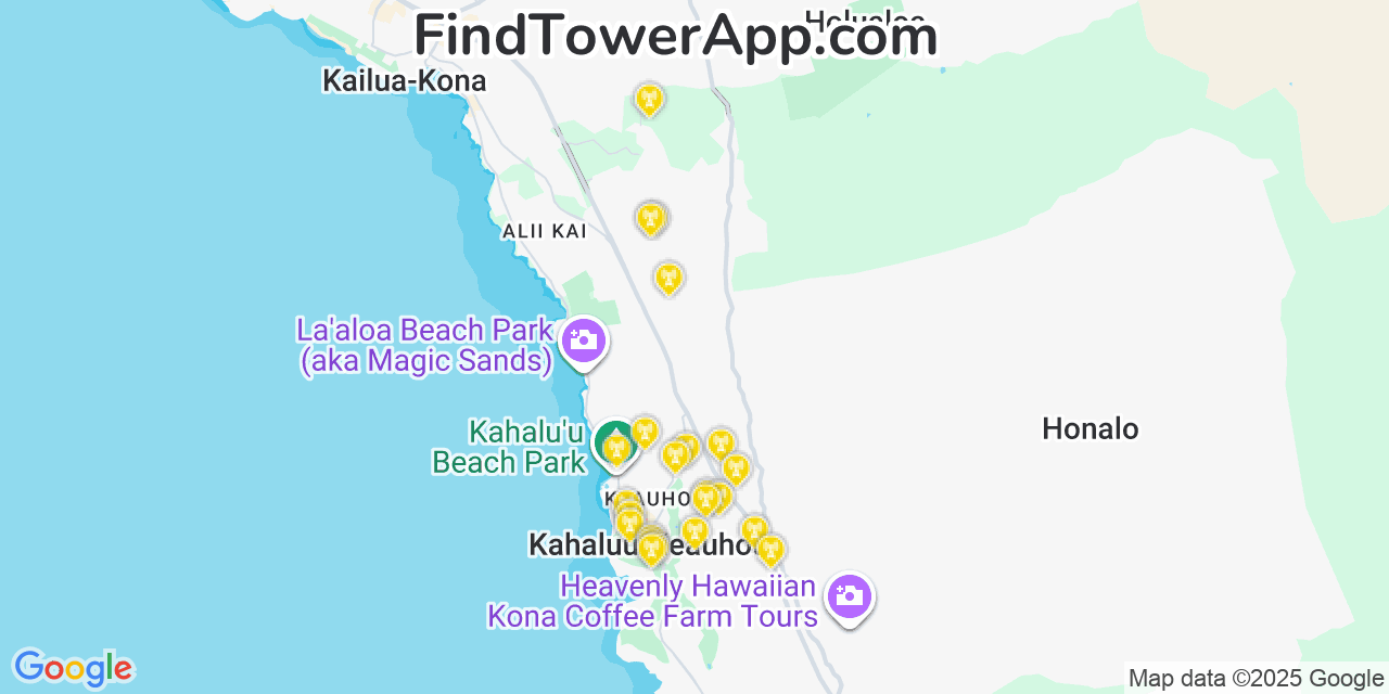 Map showing the 23 primary Verizon cell tower locations detected in Hōlualoa, Hawaii with coverage radius and signal strength indicators
