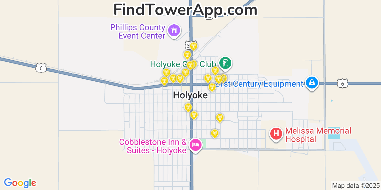 Map showing the 20 primary cell tower locations detected in Holyoke, Colorado from AT&T, Verizon, and T-Mobile networks