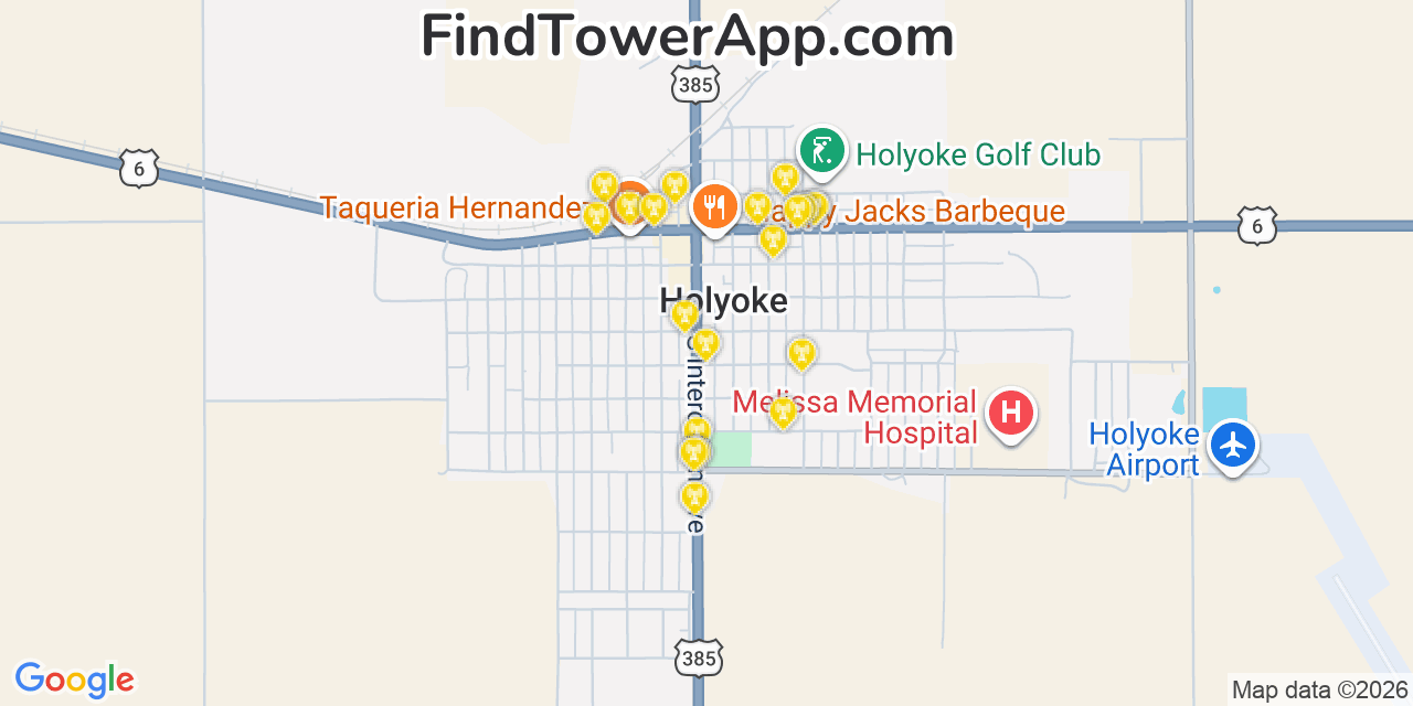Map showing the 20 primary cell tower locations detected in Holyoke, Colorado from AT&T, Verizon, and T-Mobile networks