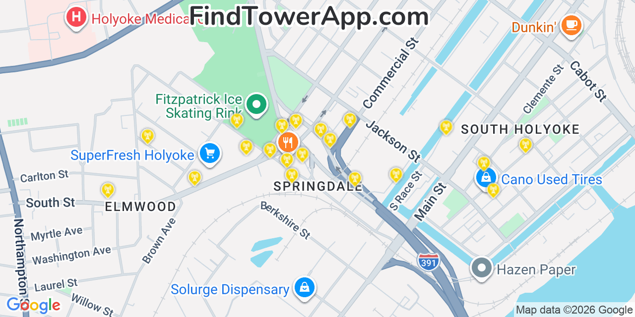 Map showing the 20 primary cell tower locations detected in Holyoke, Massachusetts from AT&T, Verizon, and T-Mobile networks