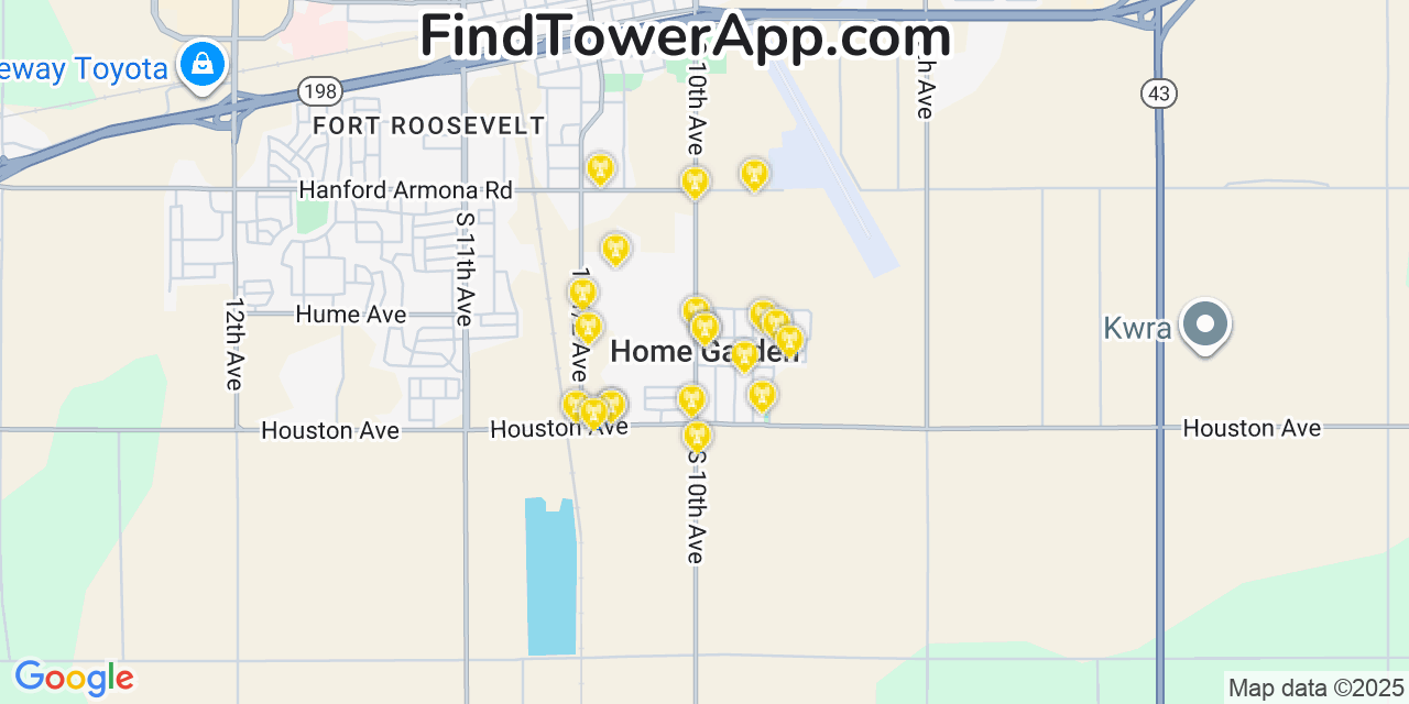 Map showing the 20 primary cell tower locations detected in Home Garden, California from AT&T, Verizon, and T-Mobile networks