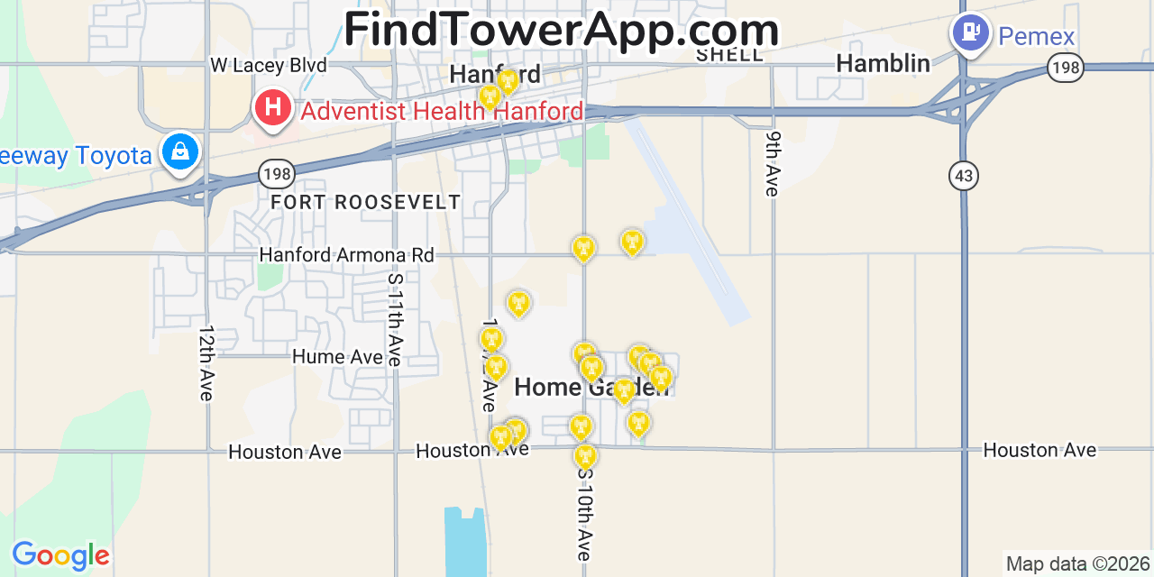 Map showing the 20 primary cell tower locations detected in Home Garden, California from AT&T, Verizon, and T-Mobile networks