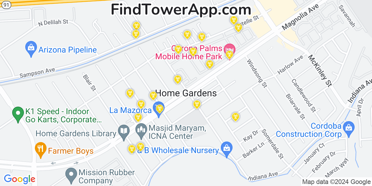 AT&T 4G/5G cell tower coverage map Home Gardens, California